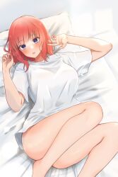 Rule 34 | 1girl, ass, bed, blue eyes, blush, breasts, convenient leg, feet out of frame, go-toubun no hanayome, highres, kakato 0, large breasts, looking at viewer, medium hair, nakano nino, naked shirt, on bed, open mouth, pink hair, red hair, shirt, thighs, white shirt