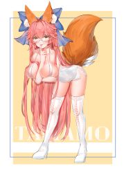 Rule 34 | 1girl, absurdres, alternate costume, animal ear fluff, animal ears, arm between breasts, bespectacled, blue ribbon, blush, breast press, breasts, character name, cleavage, colored eyelashes, commentary request, dress, eyelashes, fate/grand order, fate (series), fox ears, fox girl, fox tail, full body, glasses, high heels, highres, index finger raised, large breasts, long hair, looking at viewer, pink hair, ribbon, short dress, side slit, tail, tamamo (fate), tamamo no mae (fate/extra), thighs, tongue, tongue out, very long hair, white footwear, white legwear, yellow background, yellow eyes, yukineko1018