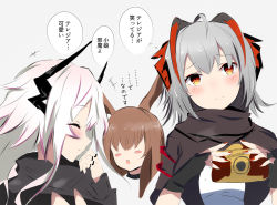 Rule 34 | 3girls, amiya (arknights), animal ears, antenna hair, arknights, black gloves, black hair, blush stickers, brown hair, camera, commentary request, demon horns, closed eyes, fingerless gloves, gloves, grey hair, hair over eyes, holding, holding camera, horns, jewelry, multicolored hair, multiple girls, nail polish, rabbit ears, raifu (rf), red hair, red nails, ring, smile, spoilers, theresa (arknights), thought bubble, translated, w (arknights), white hair, aged down