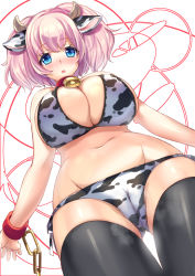 Rule 34 | 1girl, animal ears, animal print, bare shoulders, bell, neck bell, bikini, blue eyes, blush, breasts, cameltoe, chain, cleavage, collar, cow ears, cow girl, cow horns, cow print, cuffs, curvy, gigantic breasts, hanasaki mahiru, horns, looking at viewer, lying, navel, on back, original, pink hair, solo, swimsuit, thigh gap, thighhighs, twintails, wide hips
