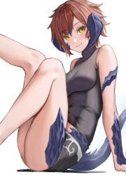 Rule 34 | 1girl, arm support, asymmetrical bangs, au ra, black shirt, blue horns, blue scales, blue tail, blush, breasts, brown hair, closed mouth, dragon girl, dragon horns, dragon tail, final fantasy, final fantasy xiv, from side, highres, horns, looking at viewer, medium breasts, scales, shirt, short hair, sidelocks, simple background, sitting, sleeveless, sleeveless shirt, solo, swept bangs, tail, thighs, torisanff14, warrior of light (ff14), white background, yellow eyes