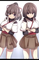 Rule 34 | 10s, 2girls, blouse, breast hold, breasts, brown eyes, brown hair, crossed arms, hard (hardmaker), hyuuga (kancolle), ise (kancolle), japanese clothes, kantai collection, long hair, looking at viewer, multiple girls, ponytail, shirt, short hair, skirt, smile