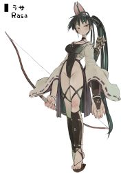 Rule 34 | 1girl, animal ears, arms at sides, arrow (projectile), black leotard, bow (weapon), breasts, bridal gauntlets, character name, closed mouth, covered navel, ebimomo, fingernails, full body, green hair, highres, holding, holding bow (weapon), holding weapon, leotard, long hair, looking at viewer, medium breasts, mole, mole under eye, nail polish, one side up, quiver, rabbit ears, sandals, simple background, solo, standing, stones of dragon, toenail polish, toenails, very long hair, weapon, white background