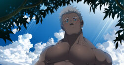 Rule 34 | 1boy, bara, beard, blue eyes, cloud, cloudy sky, cropped, dark-skinned male, dark skin, earrings, facial hair, head tilt, highres, jewelry, large pectorals, looking at viewer, male focus, mature male, muscular, muscular male, nipples, nude, original, oro9, paid reward available, pectorals, short hair, sideburns, sky, solo, spiked hair, stubble, sunlight, thick eyebrows, tree, upper body, wet, white hair