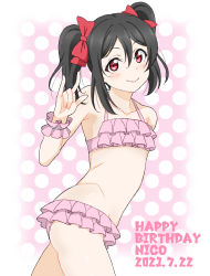 Rule 34 | 1girl, artist name, artist request, bare legs, bare shoulders, bikini, bikini skirt, black hair, blush, bow, breasts, cleavage, female focus, flat chest, frilled bikini, frills, hair between eyes, hair bow, highres, long hair, looking at viewer, love live!, love live! school idol project, m/, nico nico nii, parted lips, pink bikini, pink wrist cuffs, red bow, red eyes, short hair, short twintails, small breasts, smile, solo, swimsuit, twintails, wrist cuffs, yazawa nico