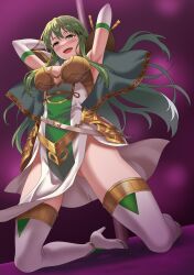 Rule 34 | 1girl, absurdres, armor, armpits, arms behind head, arms up, belt, blush, boots, breastplate, breasts, capelet, cleavage, dancing, dress, faulds, fire emblem, fire emblem: mystery of the emblem, fire emblem heroes, gluteal fold, green capelet, green dress, green eyes, green hair, high heel boots, high heels, highres, kneeling, large breasts, long hair, looking at viewer, nintendo, official alternate costume, open mouth, palla (fire emblem), pauldrons, pelvic curtain, pole, pole dancing, shoulder armor, sidelocks, sirano, smile, solo, stripper pole, thigh boots, thighs, two-tone dress, white dress, white footwear
