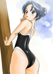 Rule 34 | 1girl, against tree, ass, blue eyes, blue hair, chaborin, competition swimsuit, from behind, from below, hair bun, matching hair/eyes, one-piece swimsuit, short hair, single hair bun, solo, swimsuit, tree