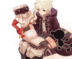 Rule 34 | 1boy, bad id, bad pixiv id, black gloves, book, brown eyes, closed mouth, family computer robot, fire emblem, fire emblem awakening, game &amp; watch, gloves, hair between eyes, kou (pixiv19672159), long sleeves, mr. game &amp; watch, nintendo, open book, robe, robin (fire emblem), robin (male) (fire emblem), robot, short hair, simple background, sitting, smile, super smash bros., white background, white hair