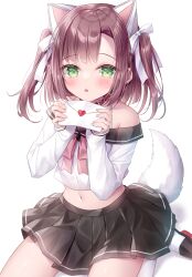 Rule 34 | 1girl, animal ears, azur lane, bare shoulders, black footwear, black sailor collar, black skirt, blush, bow, brown hair, collar, commentary request, crop top, envelope, green eyes, hair bow, hands up, heart, highres, holding, holding envelope, kohinata hoshimi, letter, long sleeves, looking at viewer, love letter, midriff, navel, off-shoulder shirt, off shoulder, parted lips, pink bow, pleated skirt, red collar, sailor collar, school uniform, serafuku, shadow, shiratsuyu (azur lane), shirt, shoes, simple background, sitting, skirt, sleeves past wrists, solo, tail, thighhighs, two side up, wariza, white background, white bow, white shirt, white thighhighs