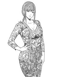 Rule 34 | 1girl, absurdres, alternate costume, batik, braid, breasts, chainsaw man, cleavage, floral print, hand on own hip, highres, indonesian clothes, jacket, kebaya, kei dragonsheaven, large breasts, long hair, looking at viewer, makima (chainsaw man), medium breasts, monochrome, parted bangs, single braid, smile, solo, white background