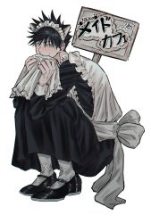 Rule 34 | 1boy, animal ears, ankle socks, apron, black dress, black footwear, black hair, blush, bow, cat ears, covering own mouth, crossdressing, dress, frilled apron, frills, full body, fushiguro megumi, fushirun rung, green eyes, hair between eyes, hair ornament, highres, holding, holding sign, jujutsu kaisen, long sleeves, looking at viewer, maid, maid apron, maid headdress, male focus, mary janes, placard, shoes, short hair, sign, socks, solo, spiked hair, squatting, sweatdrop, white background, white bow, white socks