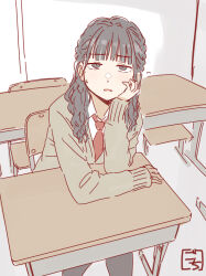 Rule 34 | 1girl, animification, arm on table, artist name, black eyes, black hair, black pantyhose, blunt bangs, brown cardigan, cardigan, chair, classroom, collared shirt, commentary request, desk, elbow on table, feet out of frame, gochisousama (tanin050), half-closed eyes, hand on own cheek, hand on own face, head rest, highres, indoors, ishii haruna, jitome, long hair, long sleeves, looking at viewer, necktie, on chair, pantyhose, parted lips, photo-referenced, red necktie, school chair, school desk, school uniform, shirt, sitting, sleeves past wrists, solo, sweatdrop, voice actor, white shirt