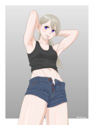 Rule 34 | 1girl, adjusting hair, armpits, blonde hair, breasts, denim, denim shorts, eila ilmatar juutilainen, covered erect nipples, highres, long hair, midriff, mouth hold, nigatsu (fevrali), panties, purple eyes, shorts, small breasts, solo, strike witches, tank top, unbuttoned, underwear, white panties, world witches series