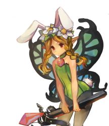Rule 34 | 1girl, animal ears, black pantyhose, blonde hair, bow (weapon), braid, butterfly wings, choker, cowboy shot, crossbow, drawfag, fairy, fake animal ears, flat chest, flower, gem, hair flower, hair ornament, insect wings, leotard, long hair, mercedes (odin sphere), odin sphere, pantyhose, playboy bunny, pointy ears, rabbit ears, red eyes, simple background, solo, strapless, twin braids, weapon, wings
