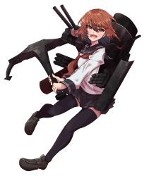 Rule 34 | 10s, 1girl, anchor, black thighhighs, blouse, blue skirt, brown footwear, brown hair, fang, full body, highres, holding, ikazuchi (kancolle), kantai collection, loafers, long sleeves, mecha musume, miniskirt, mityubi, neckerchief, open mouth, pleated skirt, red neckerchief, school uniform, serafuku, shirt, shoes, short hair, simple background, skirt, smile, solo, standing, thighhighs, transparent background, white background, white shirt