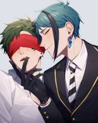 Rule 34 | 13 (bbr584607091), 2boys, black gloves, black hair, black jacket, blindfold, blue hair, blush, collared shirt, covered eyes, earrings, facial mark, gloves, grabbing another&#039;s chin, green hair, grey background, half-closed eyes, hand on another&#039;s chin, hand up, highres, jacket, jade leech, jewelry, long sleeves, looking at viewer, male focus, multicolored hair, multiple boys, necktie, night raven college uniform, parted lips, profile, school uniform, shirt, short hair, sideways glance, simple background, smirk, streaked hair, striped necktie, sweat, trey clover, twisted wonderland, upper body, white shirt, yaoi, yellow eyes
