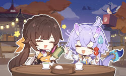 Rule 34 | 2girls, :d, architecture, bailu (honkai: star rail), bird, braid, brown hair, chair, chibi, chinese clothes, chinese commentary, closed mouth, cup, detached sleeves, dragon girl, dragon horns, dragon tail, east asian architecture, food, highres, holding, honkai: star rail, honkai (series), horns, long hair, multiple girls, night, official art, open hand, open mouth, outdoors, sitting, sky, smile, star (sky), stick, sushang (honkai: star rail), sweatdrop, tail, tree, twintails, upper body, yellow headwear, yellow sleeves