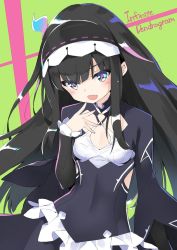 Rule 34 | 1girl, :d, black hair, blush, breasts, cleavage cutout, clothing cutout, copyright name, covered navel, cowboy shot, eyebrows, fang, frills, green background, hairband, hand up, infinite dendrogram, kani biimu, long hair, long sleeves, looking at viewer, multicolored background, multicolored eyes, multicolored hair, nemesis (infinite dendrogram), open mouth, sidelocks, small breasts, smile, solo, streaked hair, two-tone background
