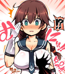 Rule 34 | !?, 10s, 1girl, 2017, ^^^, blue eyes, blush, braid, grabbing another&#039;s breast, breasts, brown hair, dated, gloves, grabbing, green eyes, groping, kantai collection, large breasts, long hair, looking at viewer, necktie, nipples, nose blush, noshiro (kancolle), open mouth, richou (zerozero1101), solo focus, surprised, swept bangs, twin braids, upper body, white gloves
