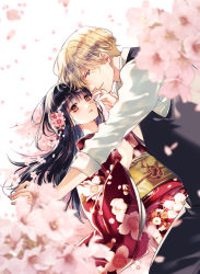 Rule 34 | 1boy, 1girl, black hair, black pants, black vest, blonde hair, blurry, brown eyes, cherry blossoms, clenched hand, collared shirt, depth of field, dress shirt, eye contact, floating hair, floral print, flower, hair flower, hair ornament, hand on own chest, hand on own face, hetero, highres, holding hands, japanese clothes, kimono, long hair, looking at another, looking to the side, obi, obidome, official art, original, pants, parted lips, pink flower, red kimono, rera (12169432), sash, shirt, short hair, sleeves rolled up, vest, white background, white shirt, wide sleeves, yellow eyes, yellow sash