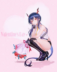 Rule 34 | 1girl, arknights, bare arms, bare shoulders, black footwear, black gloves, blue hair, blush, boots, bouquet, breasts, ch&#039;en (arknights), commentary, fingerless gloves, flower, full body, gloves, hair between eyes, hand on own cheek, hand on own face, hand up, heart, high heel boots, high heels, highres, horns, long hair, low twintails, medium breasts, necktie, parted lips, petals, pink background, red eyes, shadow, shin guards, shirt, short shorts, shorts, sidelocks, simple background, sleeveless, sleeveless shirt, solo, squatting, tail, thigh boots, thighhighs, thighs, tuzhate, twintails, valentine, white shirt, yellow necktie