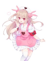 Rule 34 | 1girl, apron, armband, bandaged arm, bandages, dress, fang, frilled dress, frills, hair ornament, hat, highres, light brown hair, looking at viewer, natori sana, nurse cap, open mouth, pink apron, pink hat, puffy short sleeves, puffy sleeves, purple eyes, rabbit hair ornament, sana channel, shichijou natori, short sleeves, smile, solo, thighhighs, two side up, virtual youtuber, white dress, white thighhighs, zettai ryouiki
