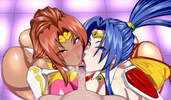 Rule 34 | 1boy, 2girls, :&gt;=, ass, blue eyes, blue hair, blush, breasts, brown eyes, brown hair, censored, character request, choujin gakuen gowcaizer, earrings, fellatio, hishizaki shaia (gowcaizer), jewelry, large breasts, lipstick, looking at viewer, makeup, ml, multiple girls, oral, penis, ponytail, pov, saliva, snk, son karin, teamwork, voltage fighter gowcaizer