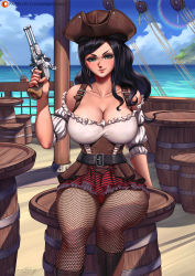Rule 34 | 1girl, arimatang, barrel, belt, black hair, blue eyes, breasts, cleavage, curvy, fishnets, gun, handgun, hat, highres, holding, holding weapon, large breasts, long hair, looking at viewer, nico robin, ocean, one piece, outdoors, pirate hat, pistol, ship, skirt, sky, smile, table, thighs, watercraft, weapon