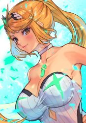Rule 34 | 1girl, armpits, bare shoulders, blonde hair, blush, breasts, casual one-piece swimsuit, choker, cleavage, collarbone, core crystal (xenoblade), dangle earrings, earrings, highres, jewelry, large breasts, lips, long hair, mythra (radiant beach) (xenoblade), mythra (xenoblade), official alternate costume, one-piece swimsuit, pinstripe pattern, ponytail, r123, sidelocks, smile, solo, striped, swept bangs, swimsuit, tiara, upper body, xenoblade chronicles (series), xenoblade chronicles 2, yellow eyes