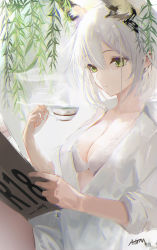 Rule 34 | 1girl, absurdres, animal ear fluff, animal ears, arknights, book, bra, breasts, cat ears, cleavage, closed mouth, collarbone, cup, expressionless, green eyes, highres, holding, holding cup, kal&#039;tsit (arknights), leaf, long sleeves, medium breasts, omone hokoma agm, open book, open clothes, open shirt, reading, shirt, short hair, signature, silver hair, sitting, solo, teacup, underwear, white bra, white shirt