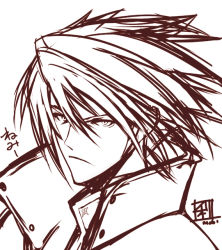 Rule 34 | 1boy, arc system works, blazblue, frown, male focus, monochrome, mori toshimichi, ragna the bloodedge, simple background, sketch, solo, spiked hair