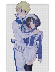 Rule 34 | 2boys, apron, ascot, blonde hair, blue ascot, blue bow, blue eyes, blue jacket, blush, border, bow, calem (pokemon), candy, closed mouth, commentary request, creatures (company), food, frills, game freak, grey eyes, highres, holding, jacket, jersey maid, lollipop, long sleeves, looking at viewer, maid, maid headdress, male focus, multiple boys, nail polish, nintendo, open mouth, over-kneehighs, pokemon, pokemon xy, sana (37pisana), shirt, short hair, siebold (pokemon), sweatdrop, thighhighs, turtleneck, turtleneck jacket, unconventional maid, waist apron, white border, white shirt, zipper pull tab