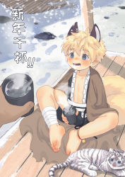 Rule 34 | 1boy, absurdres, ailu, animal ears, barefoot, blonde hair, blue eyes, blush, bokustar fox, chinese zodiac, cub, cup, extra ears, fox boy, fox ears, fox tail, happy new year, highres, male focus, multiple tails, new year, open mouth, original, smile, tail, tea, teacup, tiger, tiger cub, two tails, white tiger, year of the tiger