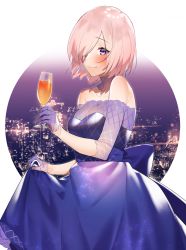 Rule 34 | 1girl, bare shoulders, blush, breasts, cityscape, cleavage, closed mouth, collarbone, cup, dress, drinking glass, fate/grand order, fate (series), gloves, hair over one eye, highres, large breasts, light purple hair, looking at viewer, mash kyrielight, mash kyrielight (chaldea dinnertime), official alternate costume, purple dress, purple eyes, purple gloves, sash, short hair, sino42, smile, solo