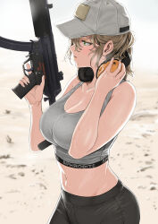Rule 34 | 1girl, bare arms, bare shoulders, baseball cap, black pants, blurry, blurry background, breasts, cleavage, commentary, day, english commentary, finger on trigger, from side, green eyes, grey hat, grey sports bra, gun, h&amp;k mp5, hair between eyes, hand on headphones, hands up, hat, headphones, headphones around neck, highres, holding, holding gun, holding weapon, large breasts, lips, looking to the side, midriff, mole, mole under mouth, navel, original, outdoors, pants, parted lips, profile, sand, short hair, sidelocks, solo, sports bra, stomach, submachine gun, sweat, text print, tsurui, weapon