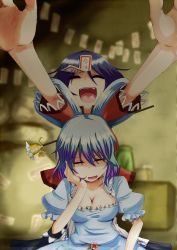 Rule 34 | 2girls, ^ ^, blue dress, blue hair, breasts, head rest, cleavage, closed eyes, dress, closed eyes, female focus, flower, hair ornament, hair rings, hair stick, hand on own cheek, hand on own face, highres, jiangshi, kaku seiga, medium breasts, miyako yoshika, multiple girls, no headwear, no headwear, ofuda, open mouth, outstretched arms, short hair, smile, takorice, touhou, vest, zombie pose