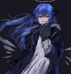 Rule 34 | 1girl, arknights, black background, black coat, black gloves, blue eyes, blue hair, coat, commentary, demon horns, energy wings, fur-trimmed coat, fur trim, gloves, halo, hand up, highres, horns, long hair, long sleeves, looking at viewer, mostima (arknights), na tarapisu153, parted lips, shirt, simple background, solo, upper body, white shirt