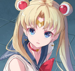 Rule 34 | 1girl, bishoujo senshi sailor moon, blonde hair, blue background, blue eyes, blue sailor collar, bow, bowtie, breasts, choker, cleavage, crescent, crescent earrings, derivative work, diadem, earrings, from side, hair ornament, heart, heart choker, highres, jewelry, looking at viewer, meme, ninniku mashimashi, parted bangs, parted lips, red bow, red bowtie, red choker, sailor collar, sailor moon, sailor moon redraw challenge (meme), school uniform, screenshot redraw, serafuku, simple background, solo, sweatdrop, tsukino usagi, twintails, upper body