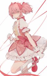 Rule 34 | 1girl, anniechika, arm at side, bow, bow (weapon), bow choker, bubble skirt, buttons, chinese commentary, choker, collarbone, commentary request, dress, dress bow, foot out of frame, frilled skirt, frilled sleeves, frilled socks, frills, from side, gloves, hair between eyes, hair bow, hand up, highres, holding, holding bow (weapon), holding weapon, kaname madoka, leg up, looking at viewer, magical girl, mahou shoujo madoka magica, mahou shoujo madoka magica (anime), pink choker, pink dress, pink eyes, pink footwear, pink hair, puffy short sleeves, puffy sleeves, red ribbon army, shoes, short hair, short sleeves, short twintails, simple background, skirt, smile, socks, solo, soul gem, standing, standing on one leg, twintails, weapon, white background, white gloves, white socks