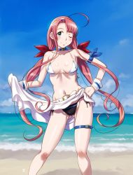 Rule 34 | 1girl, ;), ahoge, arm ribbon, beach, belt, bikini, blue eyes, blue ribbon, blush, breasts, breasts apart, choker, closed mouth, cloud, collarbone, contrapposto, day, covered erect nipples, gluteal fold, groin, hair ribbon, hairband, hand on own hip, kantai collection, kawakaze (kancolle), long hair, looking at viewer, low twintails, medium breasts, mismatched bikini, navel, one eye closed, outdoors, pink hair, red ribbon, ribbon, sameha ikuya, sarong, side-tie bikini bottom, sidelocks, sky, smile, solo, standing, swimsuit, thigh strap, twintails, very long hair, water, wrist cuffs