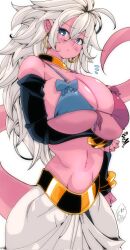 Rule 34 | 1girl, android, android 21, arm under breasts, bare shoulders, bikini, bikini top only, blue eyes, blush, breasts, cleavage, closed mouth, collarbone, colored skin, curvy, dragon ball, dragon ball fighterz, earrings, elbow gloves, female focus, gloves, gold bracelet, highres, huge breasts, jewelry, kinakomochi (user vedc2333), long hair, looking at viewer, majin android 21, multicolored bikini top, navel, pink skin, signature, simple background, solo, standing, stomach, sweatdrop, swimsuit, tail, two-tone bikini, very long hair, white background, white hair