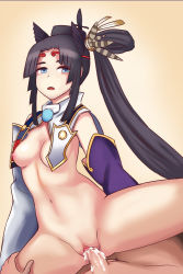 Rule 34 | 1girl, black hair, blue eyes, blush, breasts, clitoris, fate/grand order, fate (series), lips, long hair, looking at another, medium breasts, navel, nipples, open mouth, penis, pussy, reversein, sex, shiny skin, spread legs, thick thighs, thighs, uncensored, ushiwakamaru (fate)