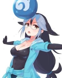 Rule 34 | 1girl, balancing ball, ball, blue hair, blush, california sea lion (kemono friends), collarbone, commentary request, dark blue hair, drawstring, fins, flippers, glasses, grey hair, hair tie, hood, hood down, jacket, japari symbol, kemono friends, kemono friends 2, long hair, multicolored hair, navel, one-piece swimsuit, outstretched hand, roozin, solo, sweatdrop, swimsuit, t-pose, upper body