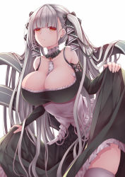 Rule 34 | azur lane, between breasts, black dress, breasts, choker, cleavage, commentary request, cowboy shot, creek (moon-sky), dress, flight deck, formidable (azur lane), frilled choker, frilled dress, frills, grey hair, hair ribbon, highres, holding clothes, holding dress, holding skirt, large breasts, long hair, red eyes, ribbon, skirt, skirt hold, twintails, two-tone dress, two-tone ribbon, very long hair, white background, white legwear