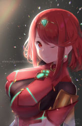 Rule 34 | 1girl, arms at sides, black background, bodysuit, breasts, circlet, cleavage, commentary, earrings, highres, jewelry, large breasts, looking at viewer, magister, nintendo, one eye closed, pyra (xenoblade), red eyes, red hair, short hair, signature, solo, upper body, xenoblade chronicles (series), xenoblade chronicles 2