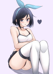 Rule 34 | 1girl, absurdres, armpit crease, ass, bare arms, bare shoulders, black choker, black eyes, black hair, black shorts, breasts, camisole, choker, crop top, hair ribbon, heart, highres, knees up, kori (parfait ehmy), looking at viewer, medium breasts, midriff, original, parfait desu, parted lips, purple background, ribbon, shirt, short hair, short shorts, shorts, simple background, sitting, sleeveless, sleeveless shirt, solo, spaghetti strap, thighhighs, white shirt, white thighhighs
