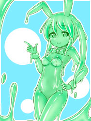 Rule 34 | 1girl, animal ears, border, breasts, closed mouth, colored sclera, colored skin, curss, fake animal ears, finger gun, green eyes, green hair, green leotard, green sclera, green skin, green theme, hand on own hip, leotard, looking at viewer, medium breasts, monster girl, original, outline, playboy bunny, rabbit ears, slime girl, smile, solo, standing, strapless, strapless leotard, twintails, white border, white outline, wrist cuffs