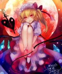 Rule 34 | 1girl, bad id, bad pixiv id, blonde hair, convenient leg, daimaou ruaeru, dress, fetal position, flandre scarlet, full moon, hat, head tilt, laevatein, hugging own legs, looking at viewer, mob cap, moon, open mouth, puffy short sleeves, puffy sleeves, red dress, red eyes, red moon, shirt, short sleeves, side ponytail, smile, solo, thighs, touhou, upskirt, wings