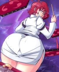 Rule 34 | 1girl, ass, cloud, cloudy sky, curvy, drum, drumsticks, grin, highres, horikawa raiko, huge ass, instrument, looking back, naughty face, radlionheart, raised eyebrows, red eyes, red hair, short hair, signature, sky, smile, solo, thighs, touhou, wide hips