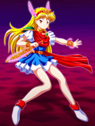 Rule 34 | 1990s (style), 1girl, absurdres, akazukin chacha, bare legs, blonde hair, blue dress, bracelet, bracer, brown eyes, cape, dress, earrings, female focus, hairband, head wings, highres, holding, holding sword, holding weapon, jewelry, legs, long hair, looking at viewer, magical princess, neck ring, red cape, red hairband, retro artstyle, serious, shadow, shield, shoes, short sleeves, skirt, solo, standing, sword, weapon, white footwear, white skirt, wings